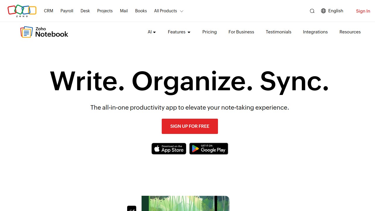 Screenshot of Zoho Notebook website