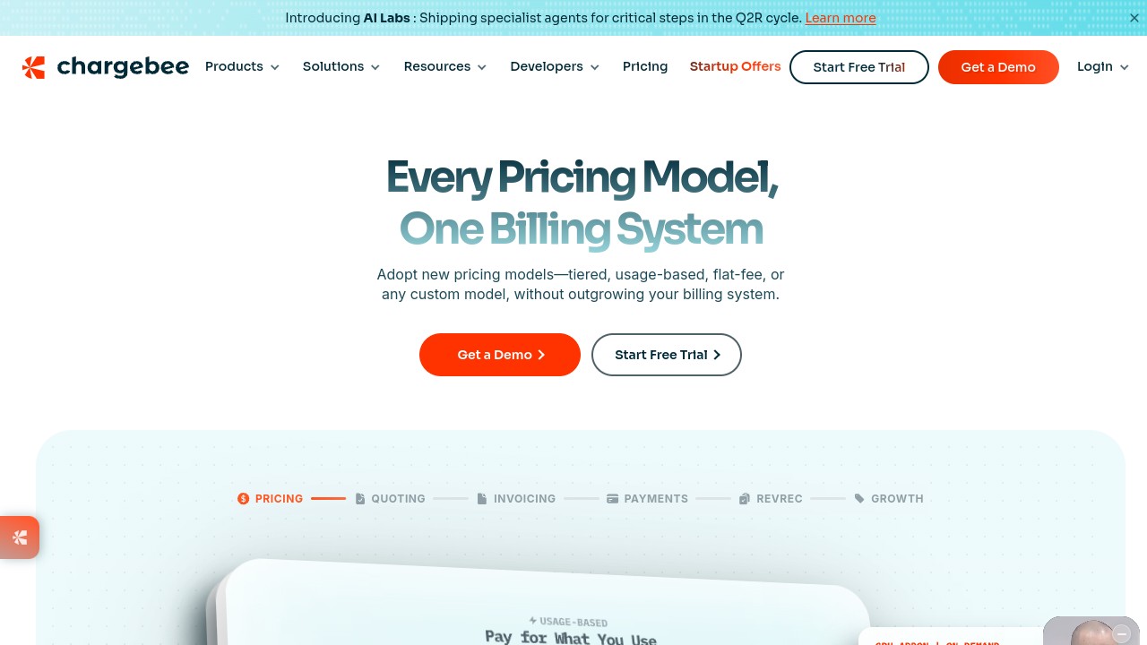 Screenshot of Chargebee website