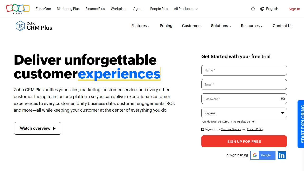 Screenshot of Zoho CRM Plus website