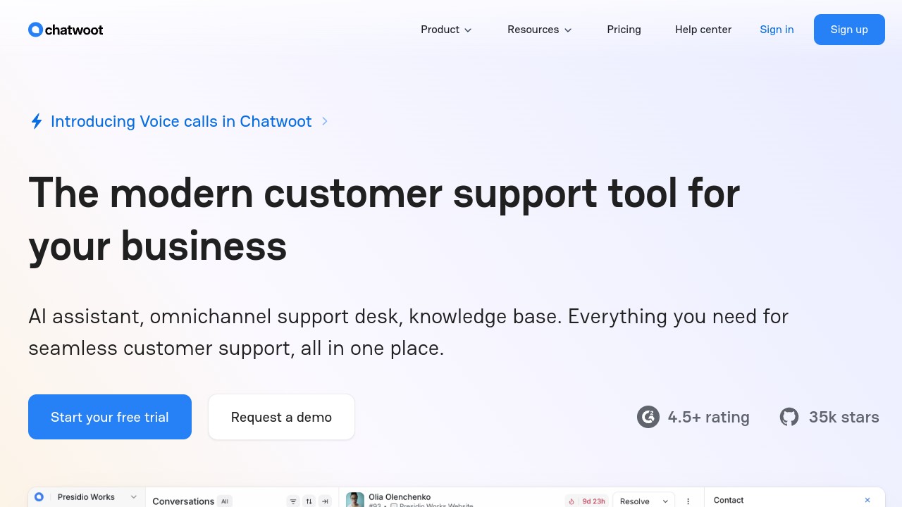 Screenshot of Chatwoot website