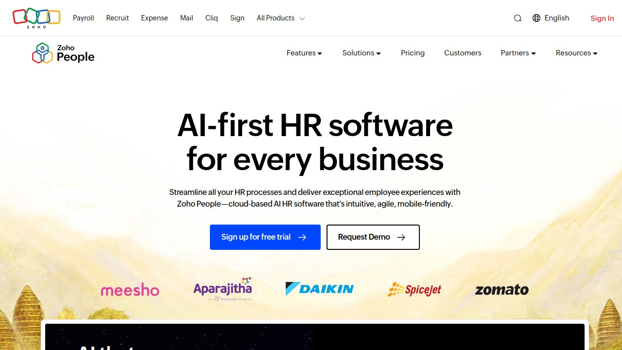 Screenshot of Zoho People website