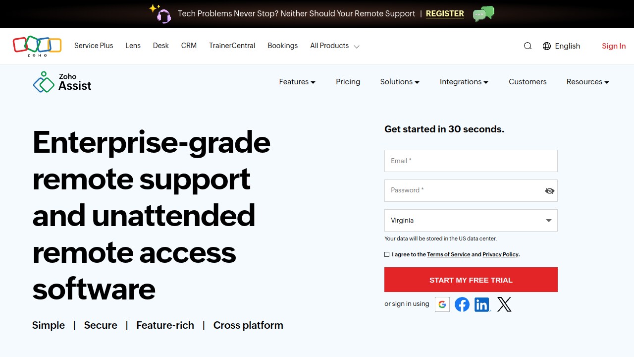 Screenshot of Zoho Assist website